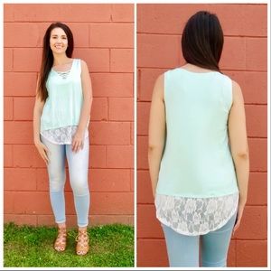 ❌❌ SOLD: Mint Lace Up Crochet Hem Top